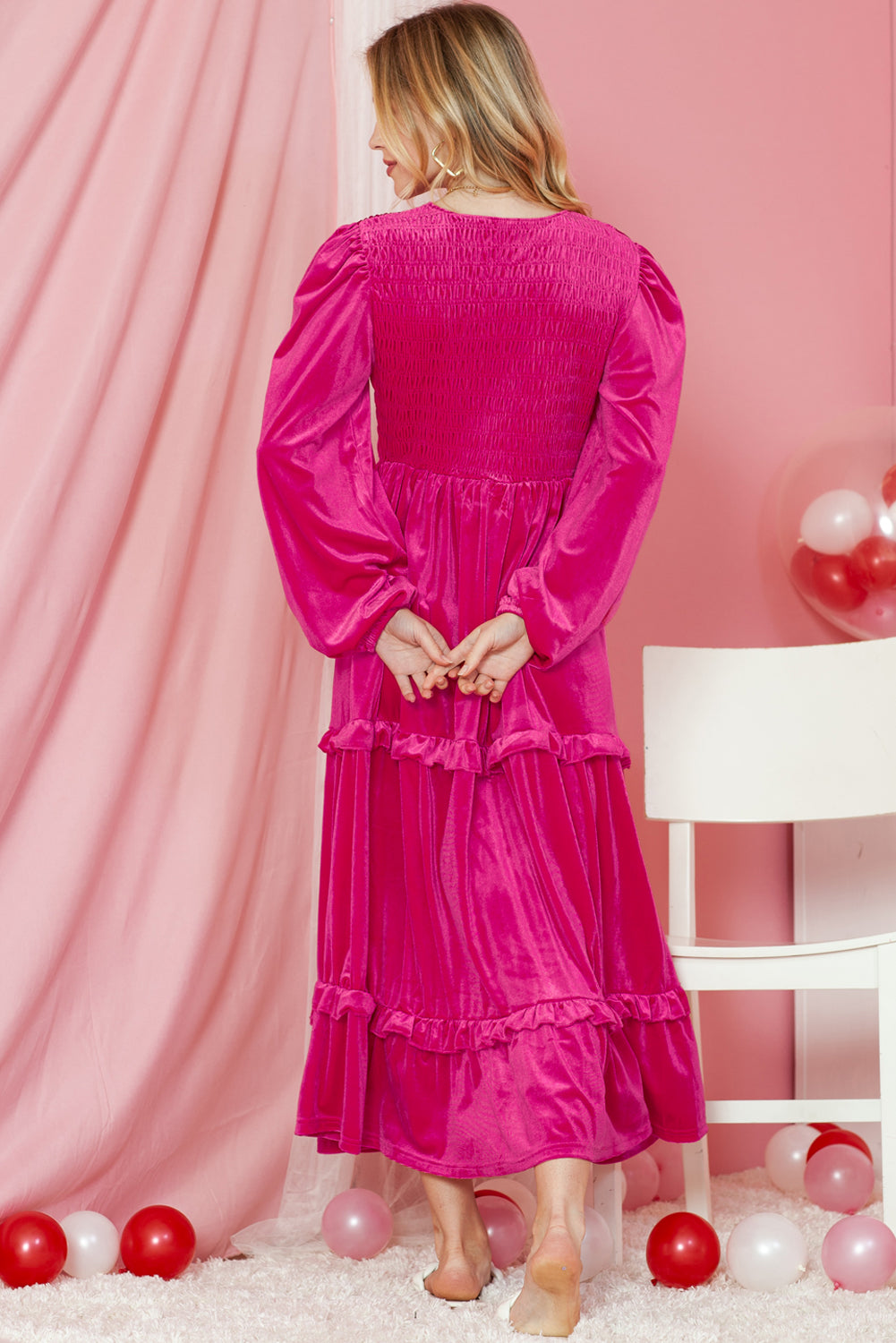 Rose Red Shirred V Neck Long Sleeve Velvet Dress-Maxi Dresses-[Adult]-[Female]-2022 Online Blue Zone Planet