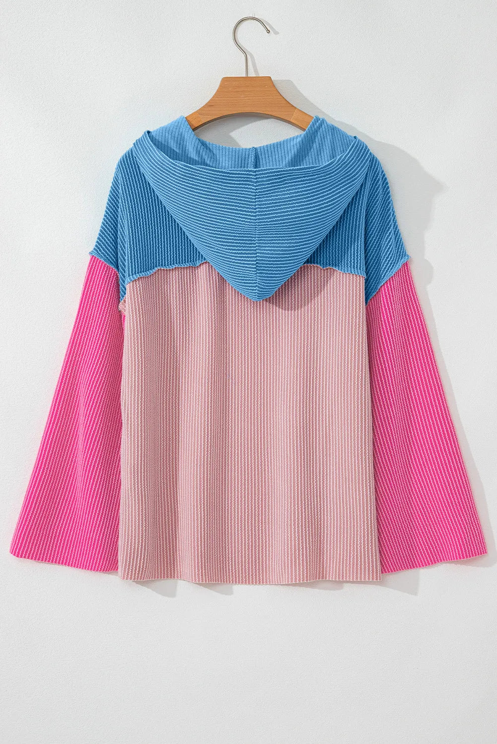 Textured Color Block Long Sleeve Hoodie-TOPS / DRESSES-[Adult]-[Female]-2022 Online Blue Zone Planet