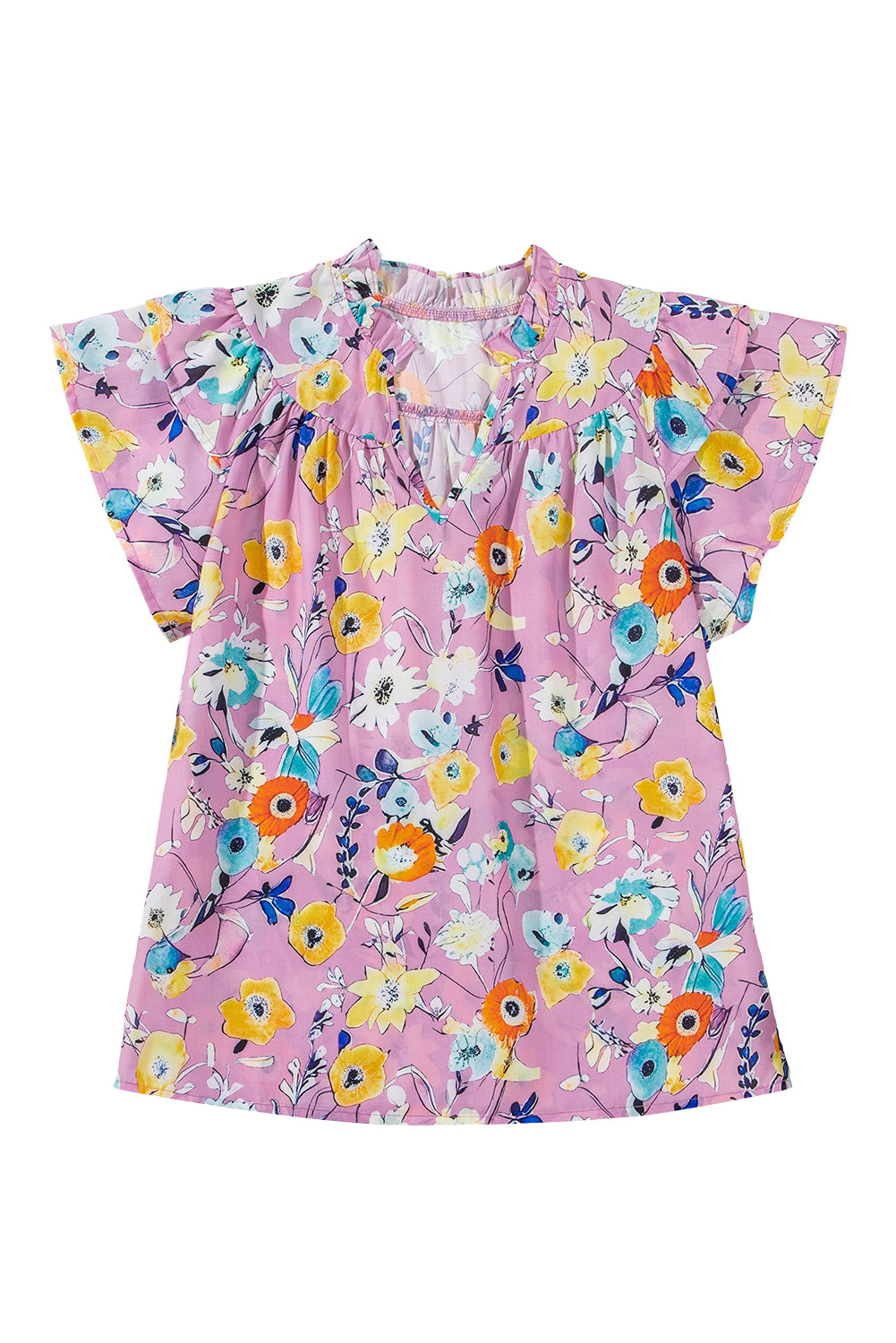 Pink Flutter Sleeve V Neck Floral Top-Tops/Blouses & Shirts-[Adult]-[Female]-2022 Online Blue Zone Planet