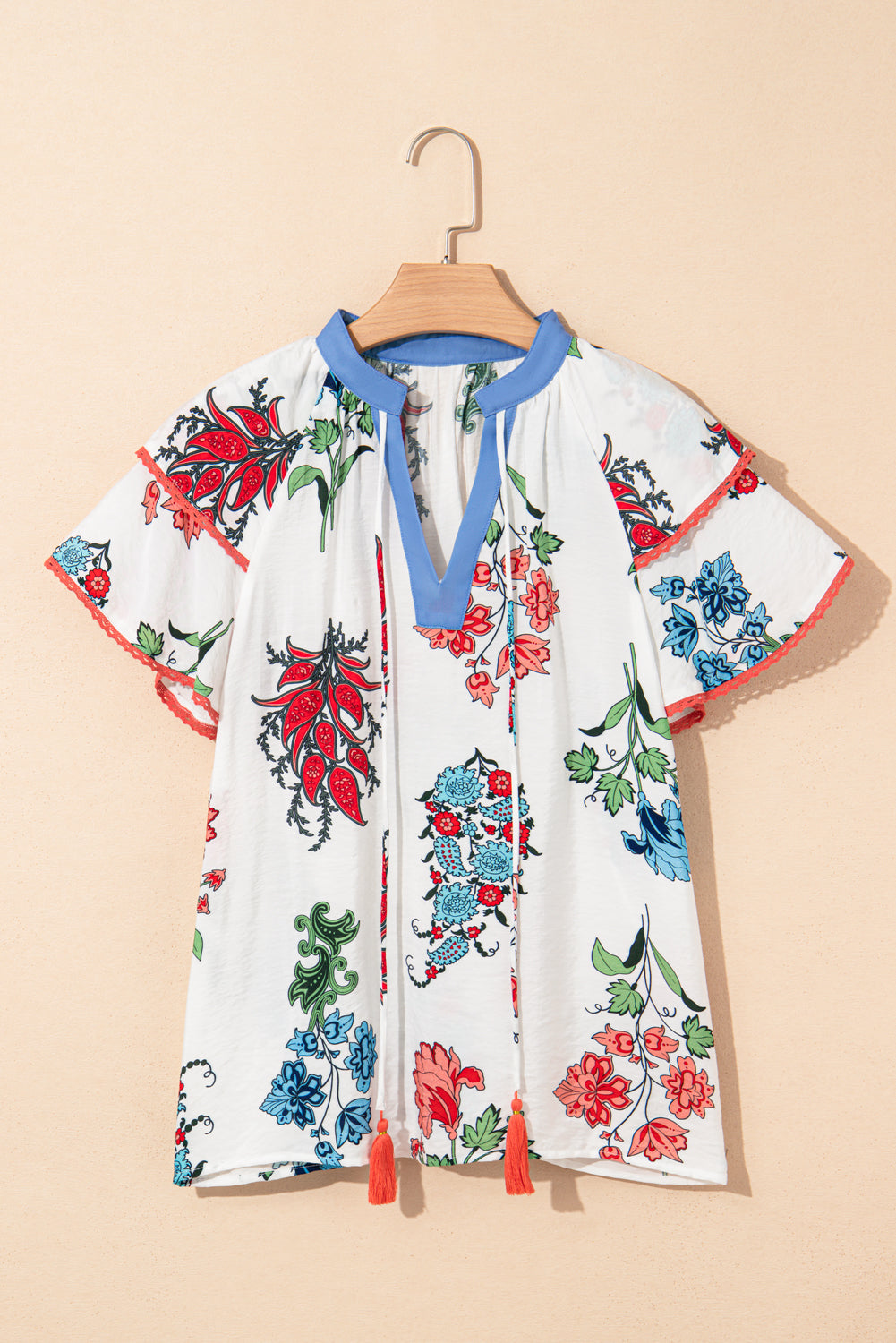 White Floral Print Contrast V Neck Tassel Tie Lace Detail Short Sleeve Blouse-Tops/Blouses & Shirts-[Adult]-[Female]-2022 Online Blue Zone Planet