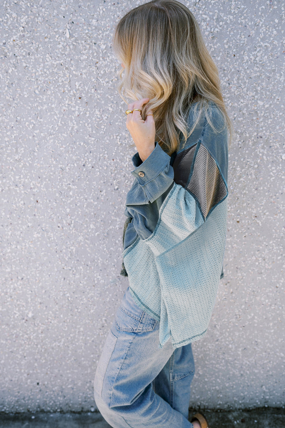 Green Colorblock Stitching Patchwork Buttoned Long Sleeve Top-Tops/Long Sleeve Tops-[Adult]-[Female]-2022 Online Blue Zone Planet