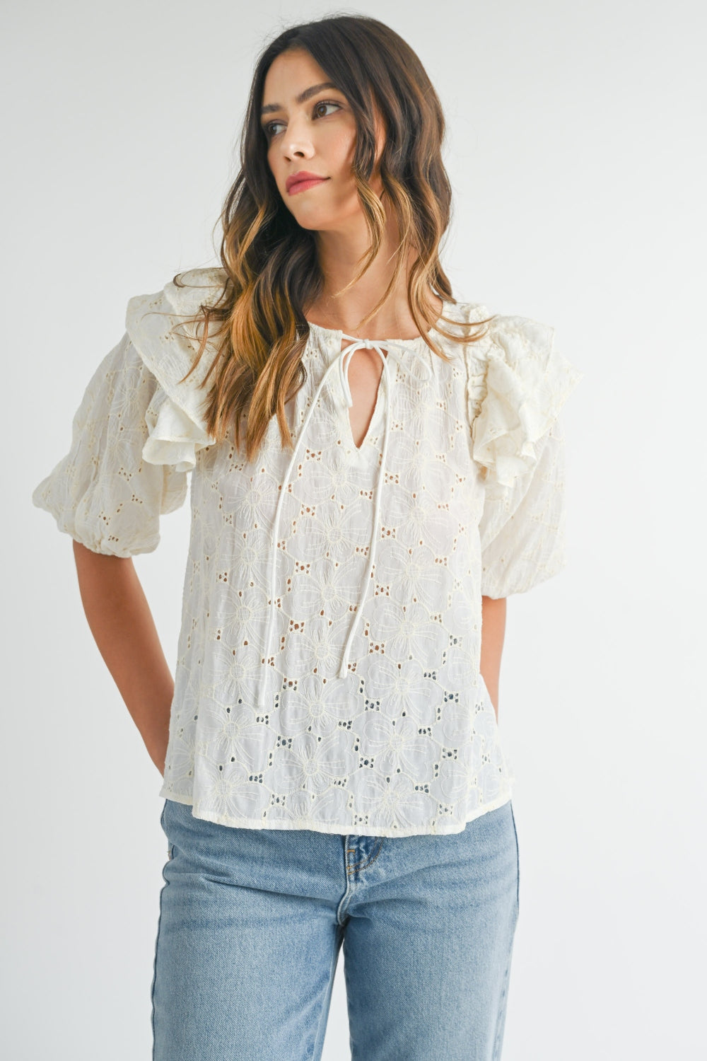 Blue Zone Planet | MABLE Eyelet Lace Ruffle Shoulder Puff Sleeve Blouse-TOPS / DRESSES-[Adult]-[Female]-Cream-S-2022 Online Blue Zone Planet