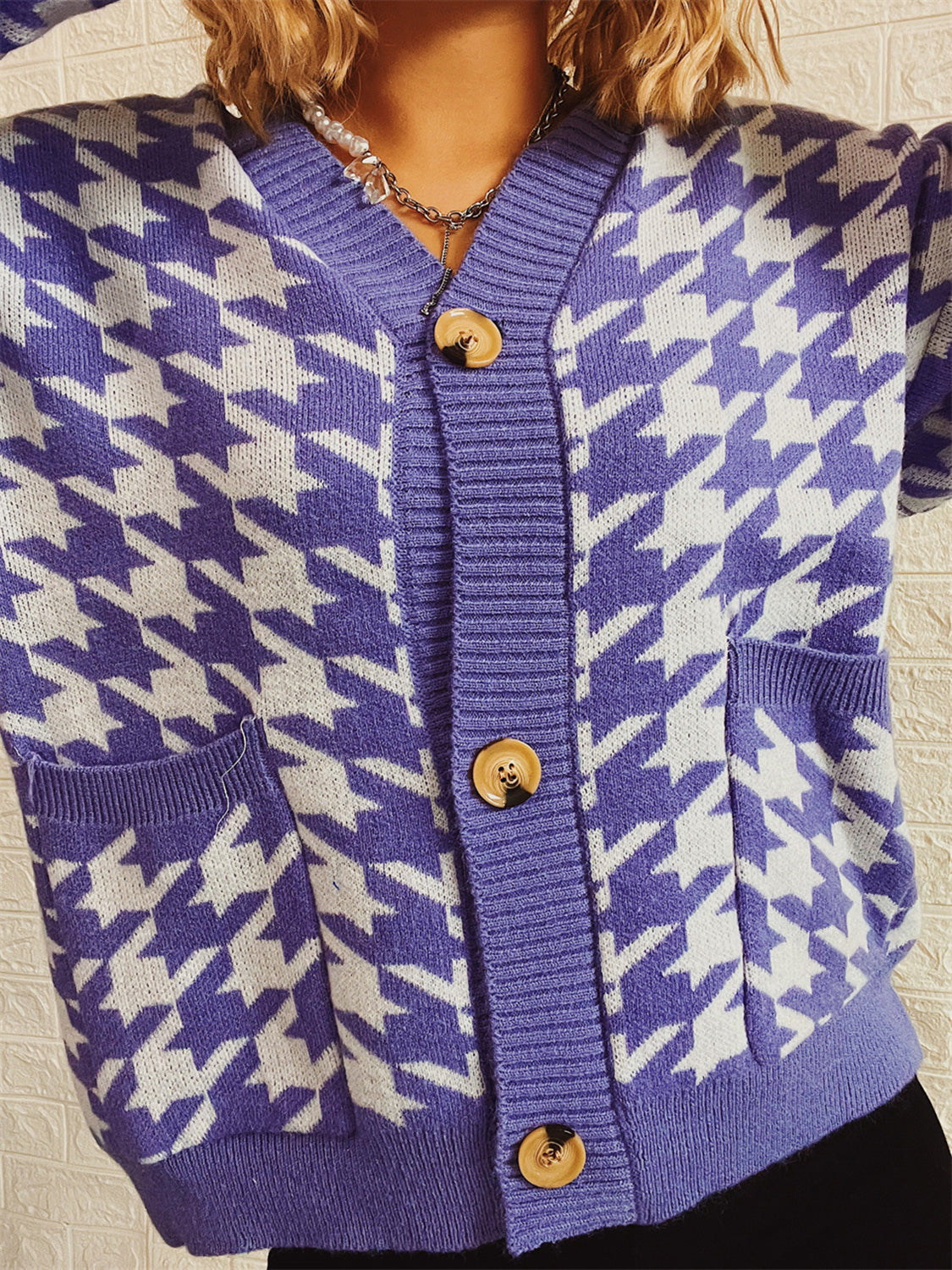 Houndstooth Botton Front Cardigan with Pockets-TOPS / DRESSES-[Adult]-[Female]-2022 Online Blue Zone Planet