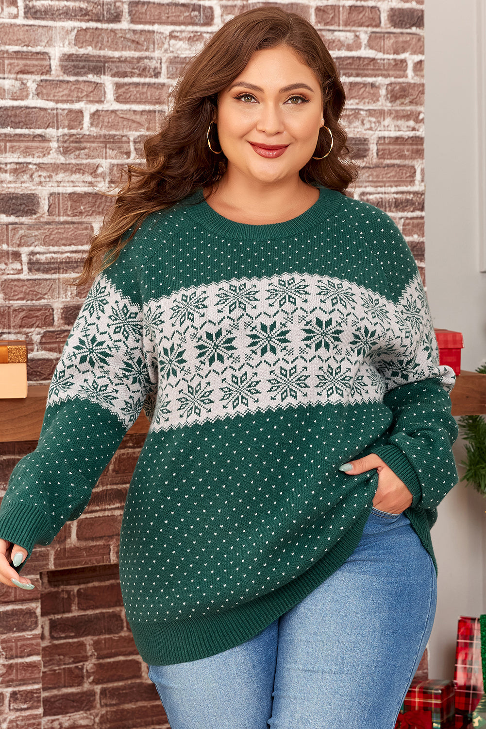 Blue Zone Planet | Green Christmas Snowflake Pattern Drop Shoulder Plus Size Sweater-Plus Size/Plus Size Sweaters & Cardigans-[Adult]-[Female]-2022 Online Blue Zone Planet