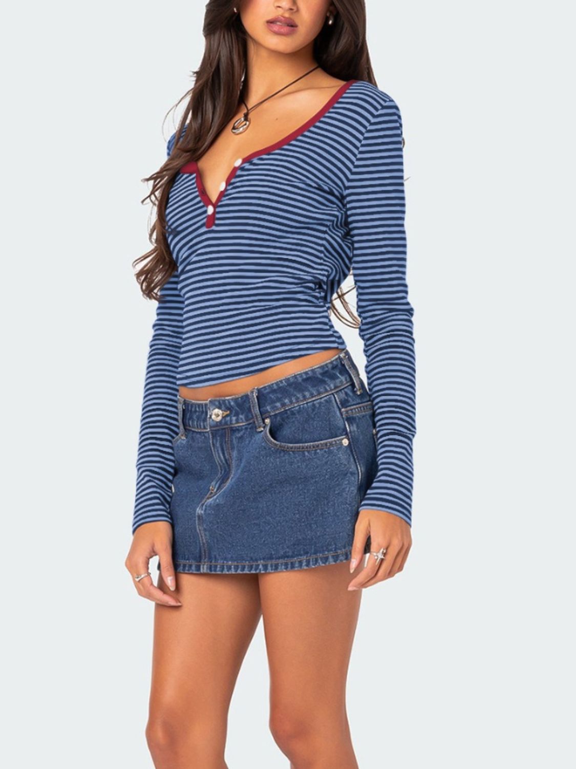 Buttoned Striped Long Sleeve T-Shirt-TOPS / DRESSES-[Adult]-[Female]-2022 Online Blue Zone Planet