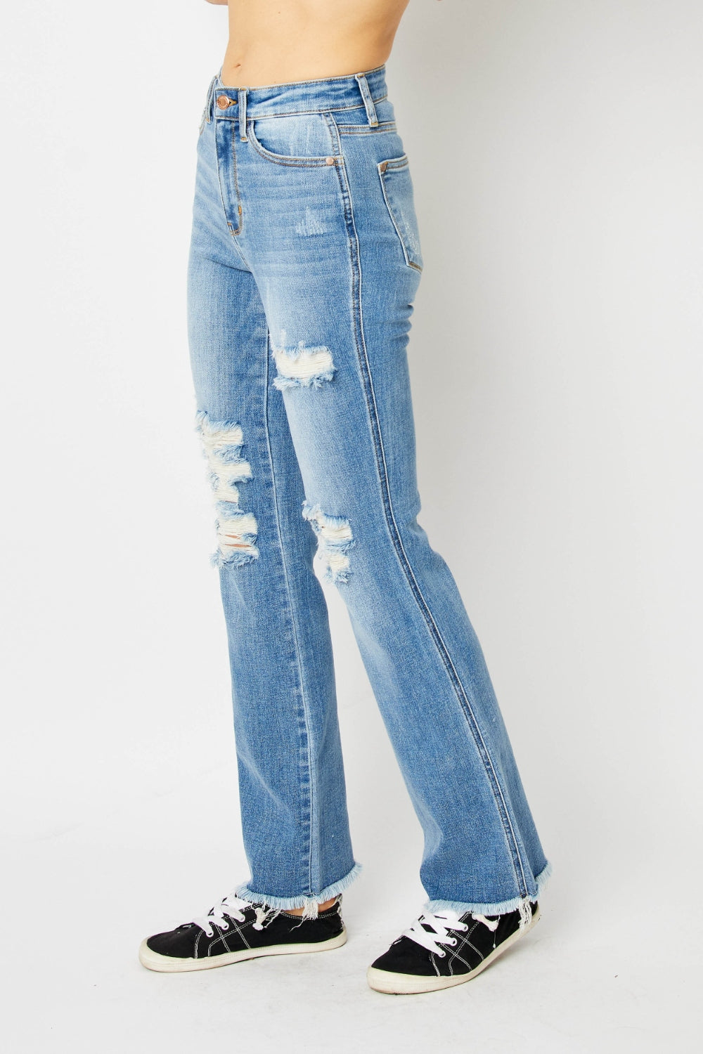 Judy Blue Full Size Distressed Raw Hem Bootcut Jeans-BOTTOM SIZES SMALL MEDIUM LARGE-[Adult]-[Female]-2022 Online Blue Zone Planet