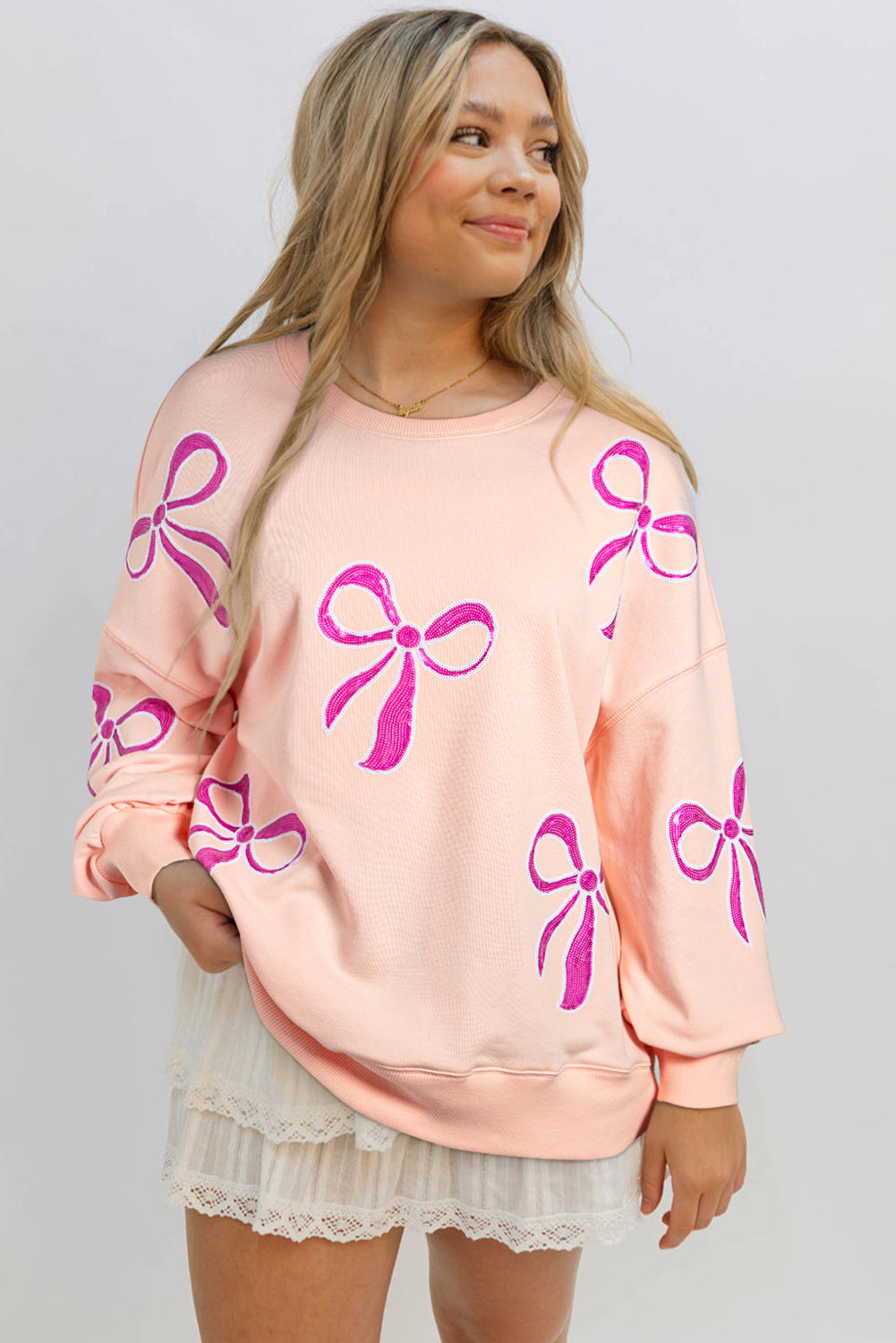 Apricot Pink Sequined Bowknot Drop Shoulder Oversized Sweatshirt-Tops/Sweatshirts & Hoodies-[Adult]-[Female]-2022 Online Blue Zone Planet