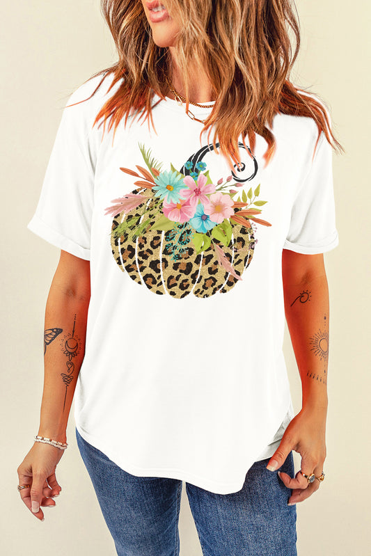 Pumpkin Graphic Round Neck Short Sleeve T-Shirt-TOPS / DRESSES-[Adult]-[Female]-White-S-2022 Online Blue Zone Planet