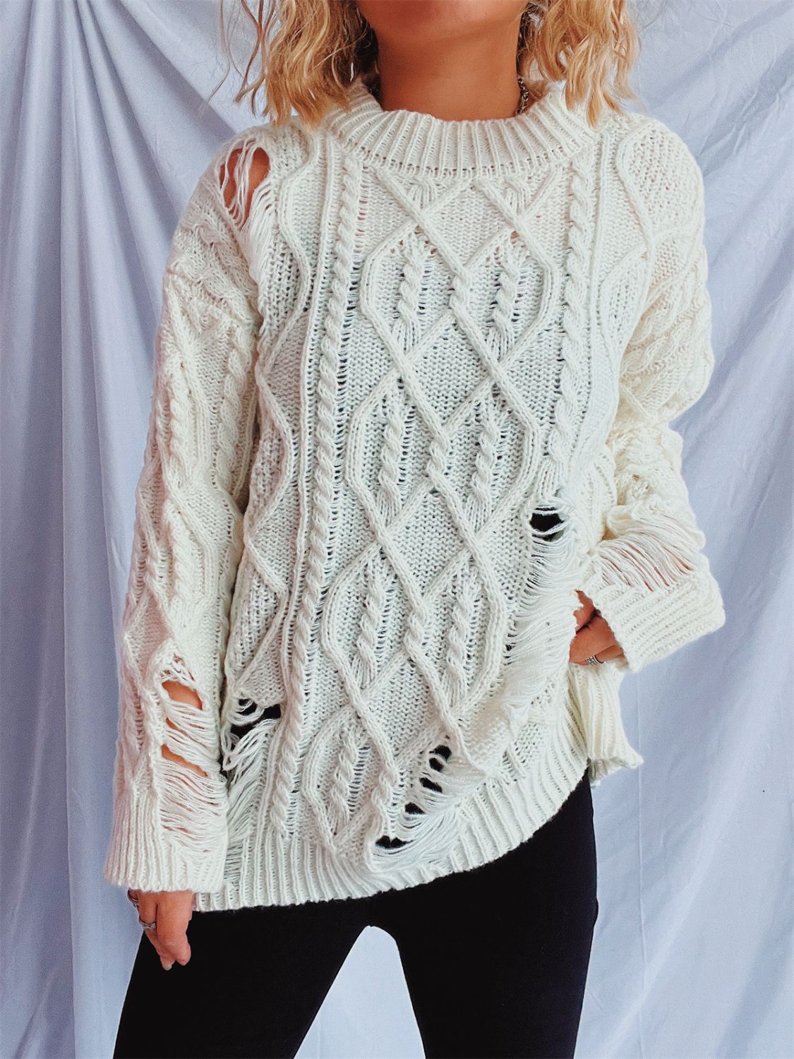 Distressed Cable-Knit Round Neck Long Sleeve Sweater-TOPS / DRESSES-[Adult]-[Female]-White-One Size-2022 Online Blue Zone Planet