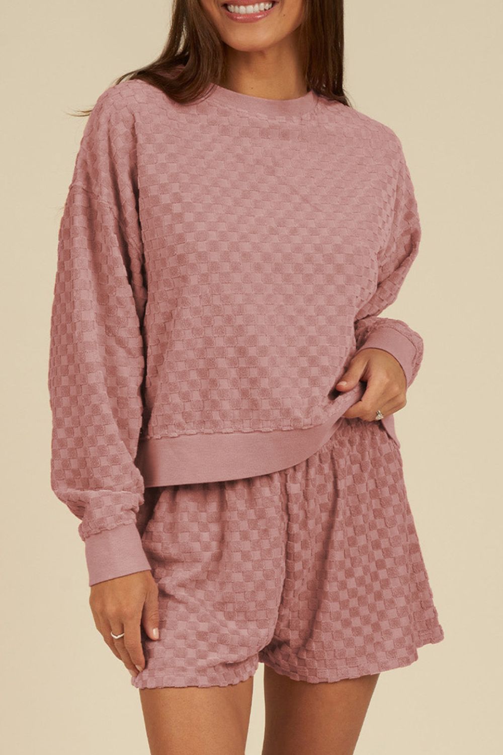 Round Neck Long Sleeve Checkered Top and Shorts Set-TOPS / DRESSES-[Adult]-[Female]-Dusty Pink-S-2022 Online Blue Zone Planet