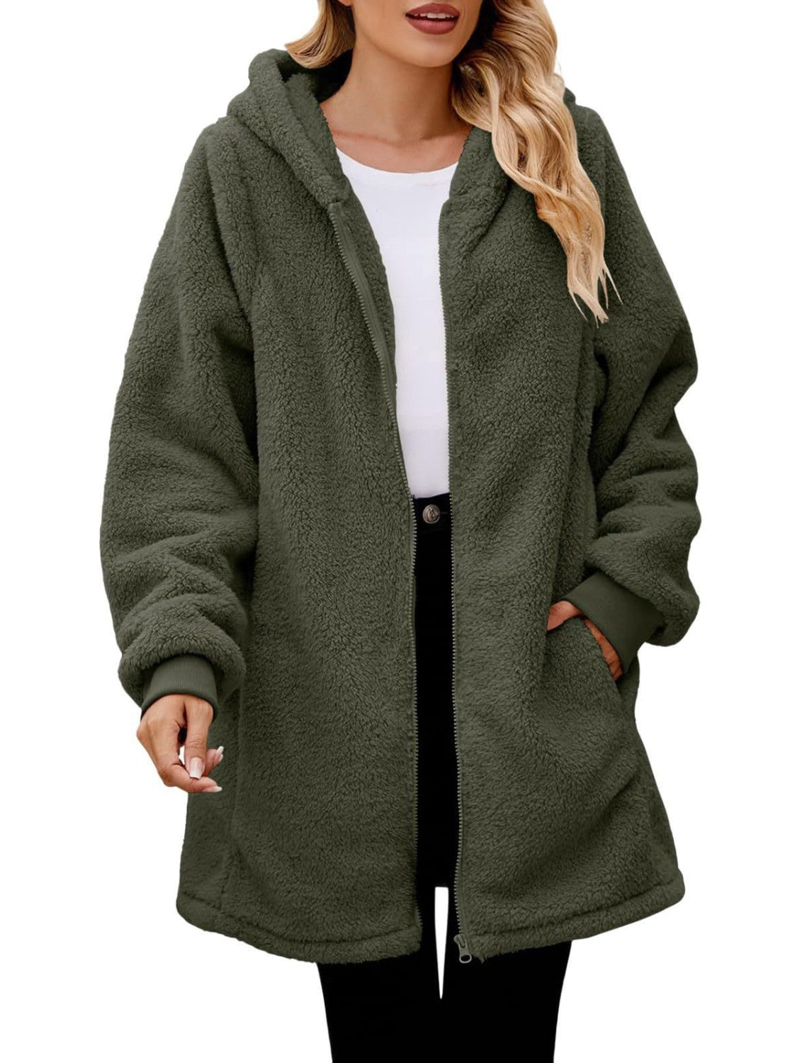 Fuzzy Pocketed Zip Up Long Sleeve Hooded Jacket-TOPS / DRESSES-[Adult]-[Female]-2022 Online Blue Zone Planet