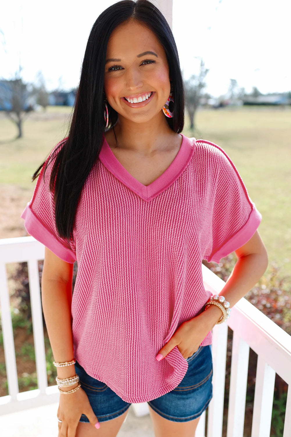 Rose Red Twisted Ribbed Knit V Neck Casual Tee-Tops/Tops & Tees-[Adult]-[Female]-2022 Online Blue Zone Planet