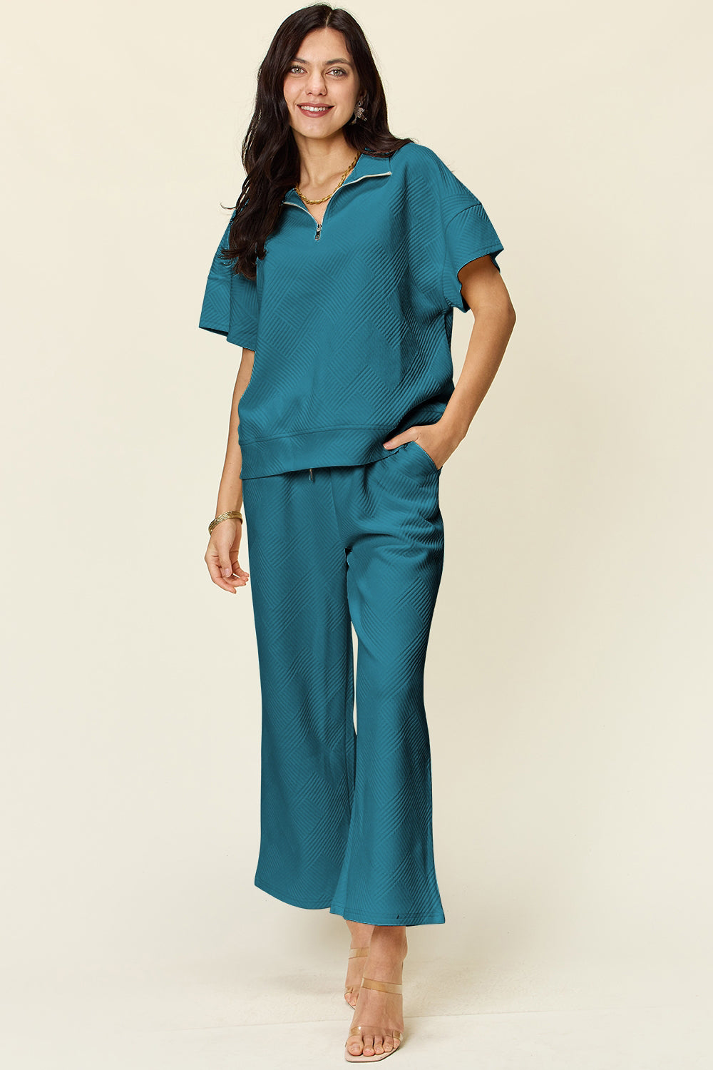 Double Take Full Size Texture Half Zip Short Sleeve Top and Pants Set-TOPS / DRESSES-[Adult]-[Female]-Teal-S-2022 Online Blue Zone Planet