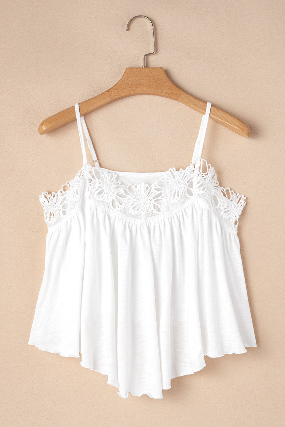 White Lace Splicing Spaghetti Straps Ruffle Flared Tank Top-Tops/Tank Tops-[Adult]-[Female]-2022 Online Blue Zone Planet
