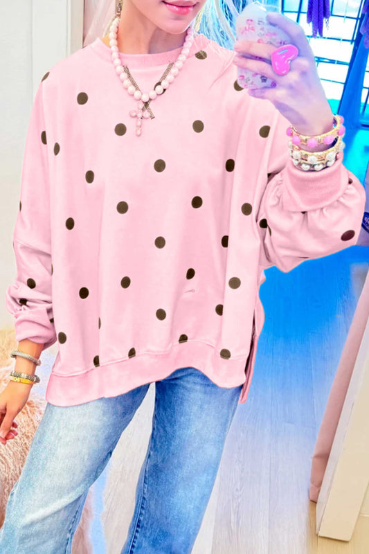 Pink Polka Dot Loose Long Sleeve Split Hem Pullover Top-Tops/Long Sleeve Tops-[Adult]-[Female]-Pink-S-2022 Online Blue Zone Planet