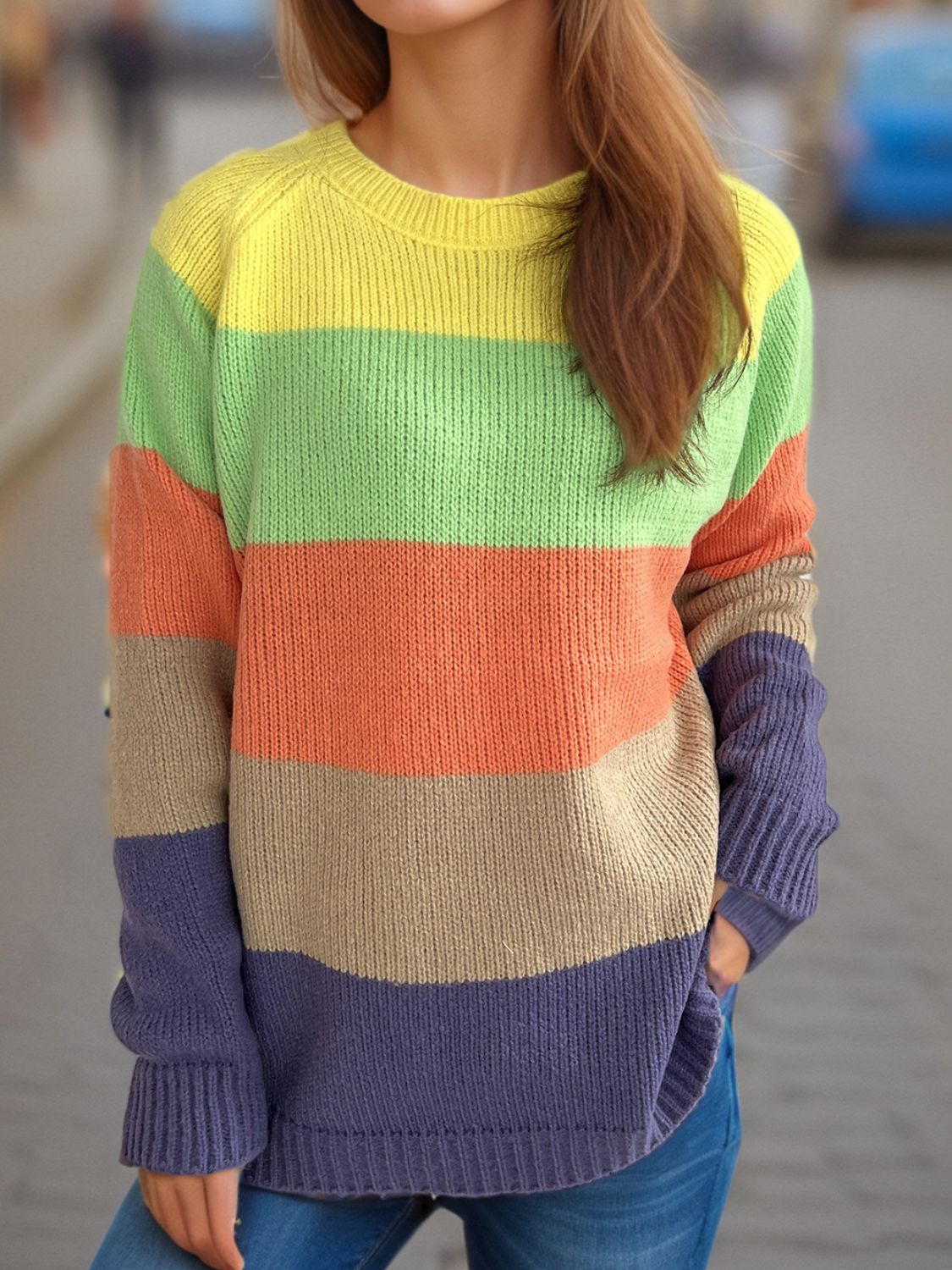 Blue Zone Planet | Color Block Round Neck Long Sleeve Sweater-TOPS / DRESSES-[Adult]-[Female]-Yellow-One Size-2022 Online Blue Zone Planet