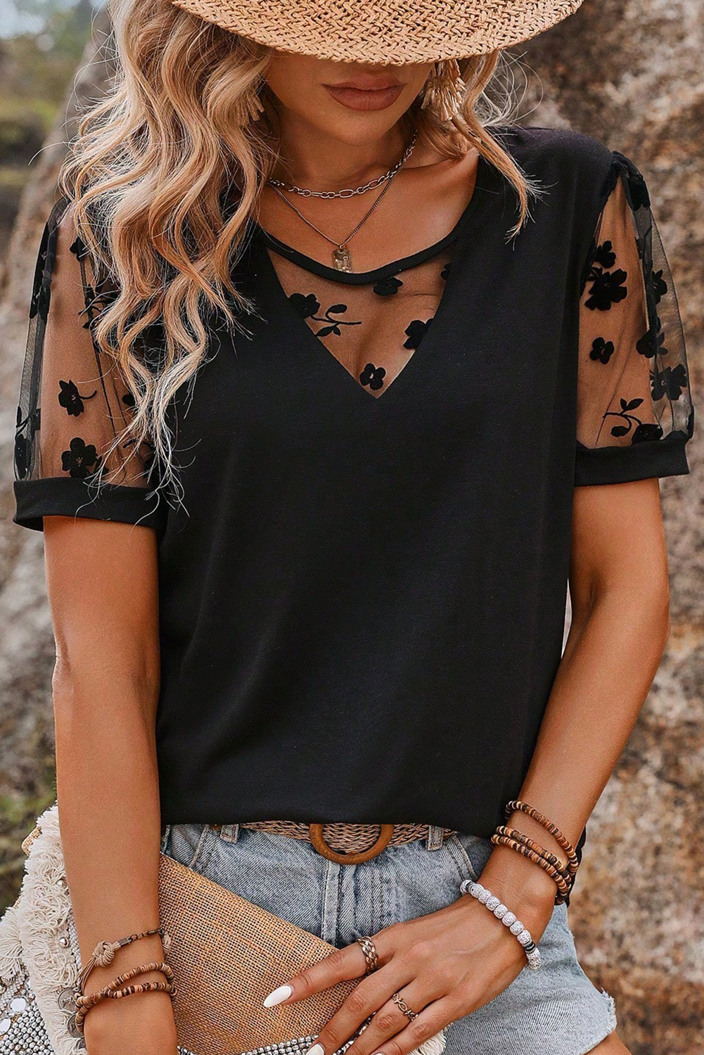 Black Flora Lace Patchwork Crew Neck T Shirt-Tops/Tops & Tees-[Adult]-[Female]-2022 Online Blue Zone Planet