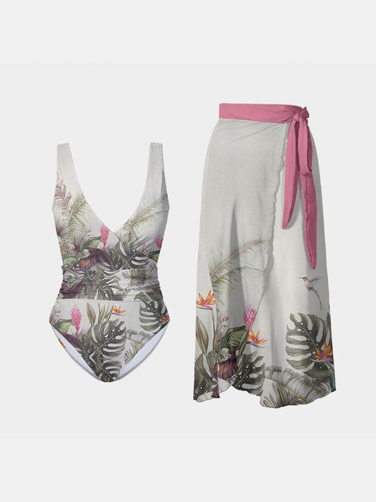 Printed Surplice Wide Strap Swimwear and Skirt Swim Set-TOPS / DRESSES-[Adult]-[Female]-White-S-2022 Online Blue Zone Planet