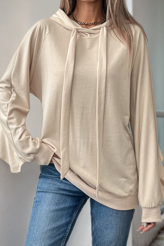 Beige Ruffle Edge Plain Drawstring Hoodie-Sweatshirts & Hoodies-[Adult]-[Female]-Beige-S-2022 Online Blue Zone Planet