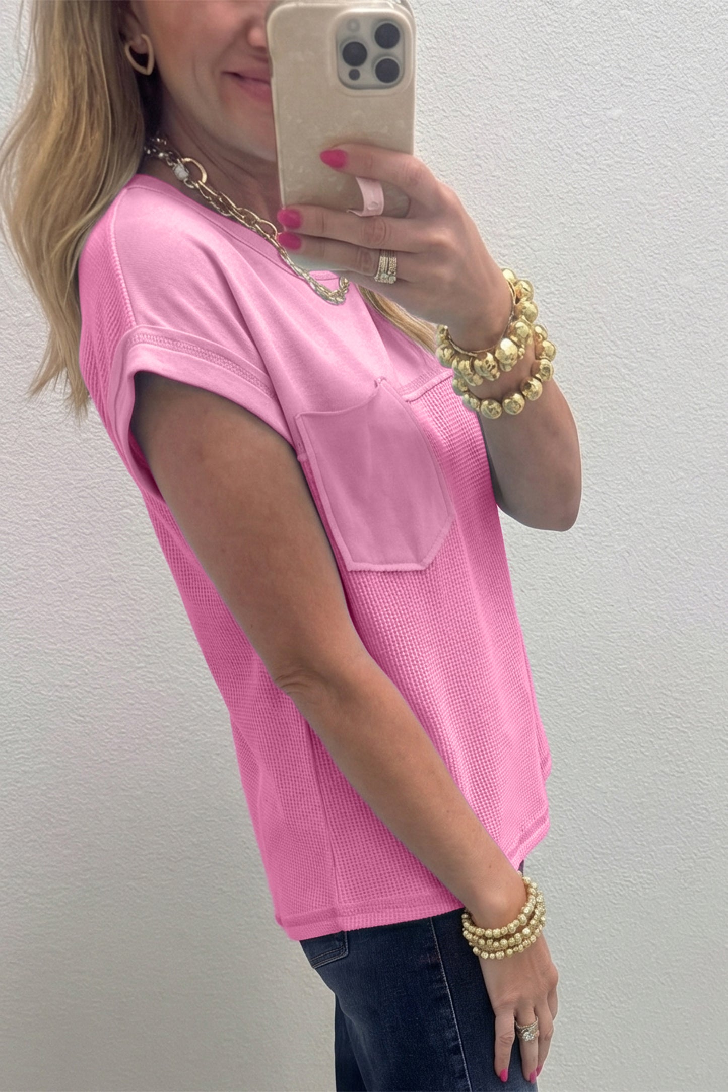 Pink Solid Color Raw Seam Waffled Patchwork Casual T Shirt-Tops/Tops & Tees-[Adult]-[Female]-2022 Online Blue Zone Planet