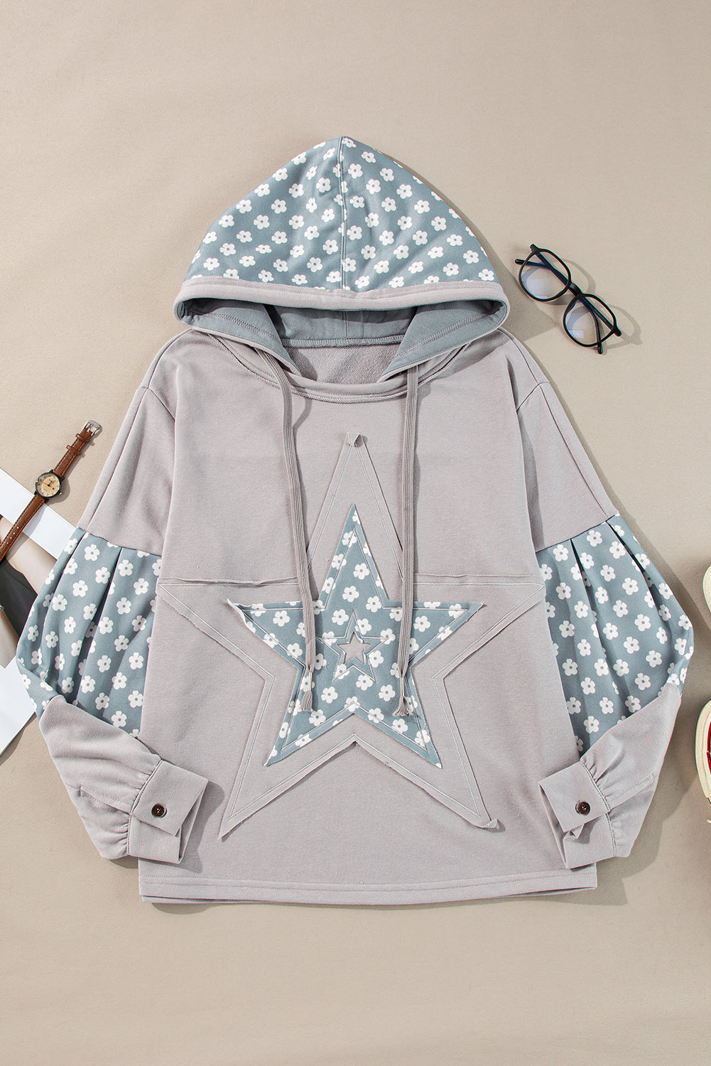 Floral Patchwork Star Pattern Drawstring Hoodie-TOPS / DRESSES-[Adult]-[Female]-2022 Online Blue Zone Planet