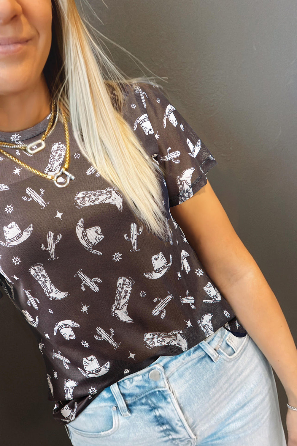 Black Western Pattern Mesh Sheer Crew Neck T Shirt-Tops/Tops & Tees-[Adult]-[Female]-2022 Online Blue Zone Planet