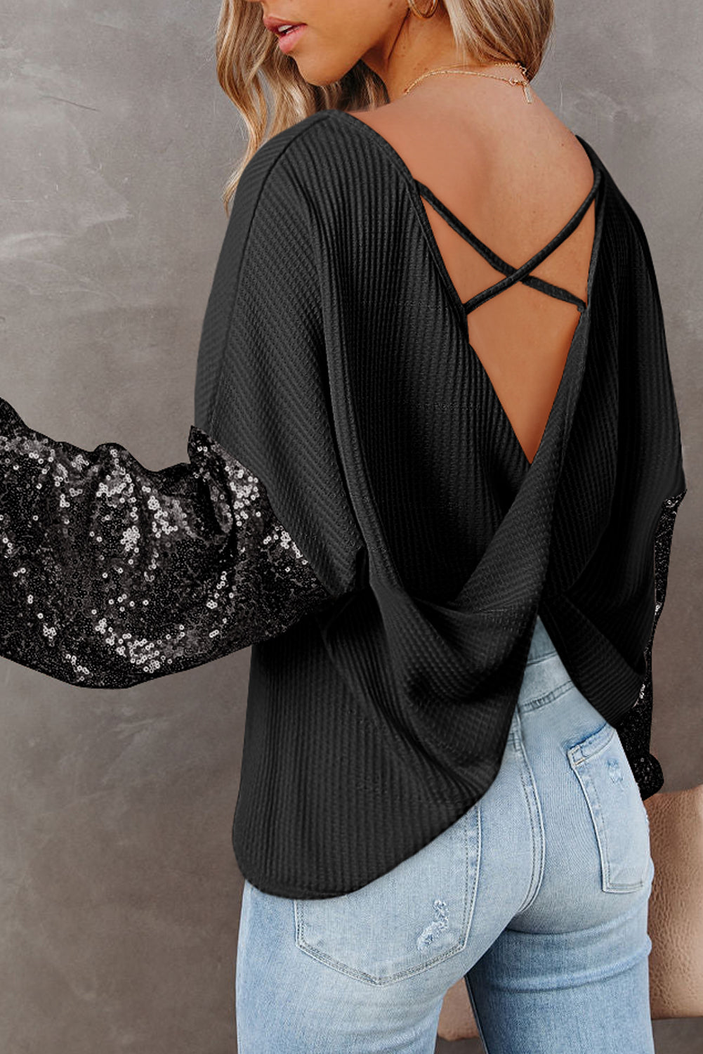 Black Sequin Patchwork Sleeve Open Back Waffle Knit Top-Tops/Long Sleeve Tops-[Adult]-[Female]-2022 Online Blue Zone Planet