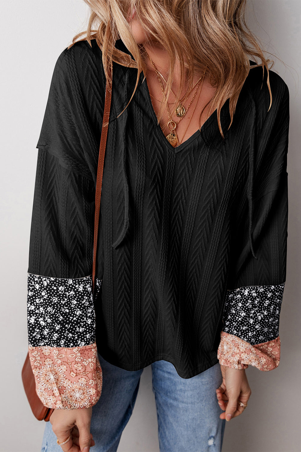 Dusty Pink Floral Patchwork Textured Knit Drawstring V Neck Blouse-Tops/Blouses & Shirts-[Adult]-[Female]-Black-S-2022 Online Blue Zone Planet