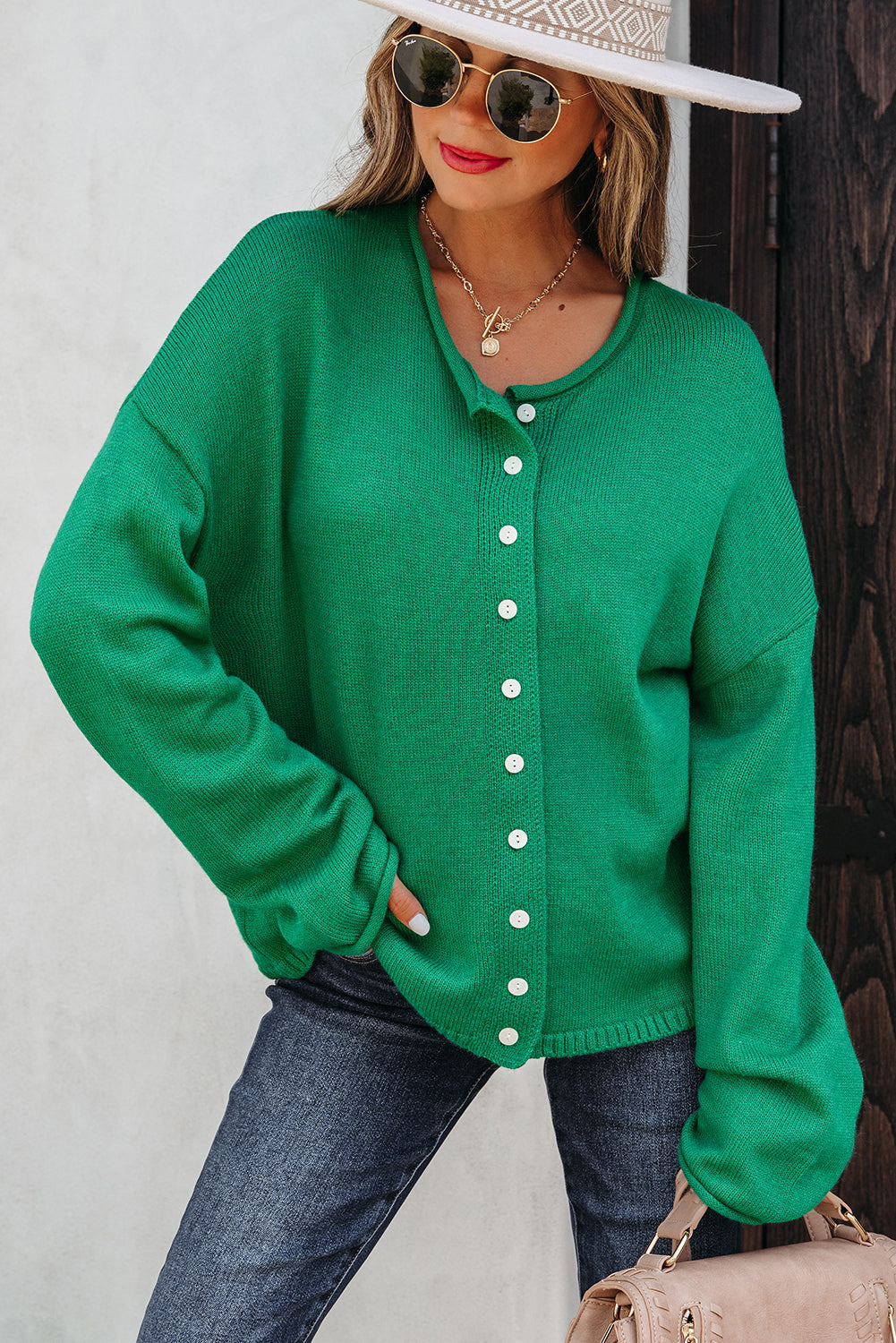 Bright Green Solid Color Knit Button Drop Shoulder Sweater Cardigan-TOPS / DRESSES-[Adult]-[Female]-2022 Online Blue Zone Planet