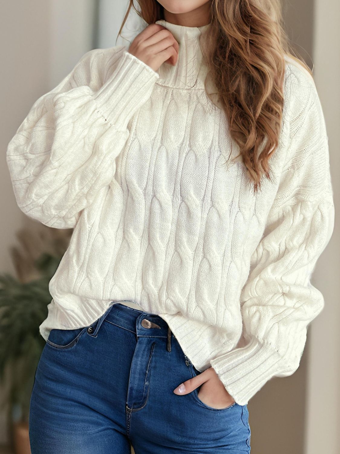 Cable-Knit Turtleneck Long Sleeve Sweater-TOPS / DRESSES-[Adult]-[Female]-2022 Online Blue Zone Planet