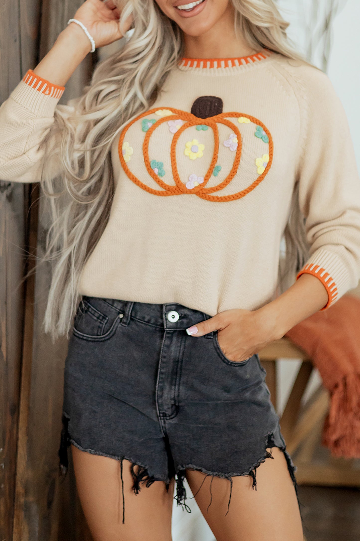 Parchment Floral Embroidery Pumpkin Long Sleeve Round Neck Sweater-Sweaters & Cardigans/Sweaters-[Adult]-[Female]-2022 Online Blue Zone Planet