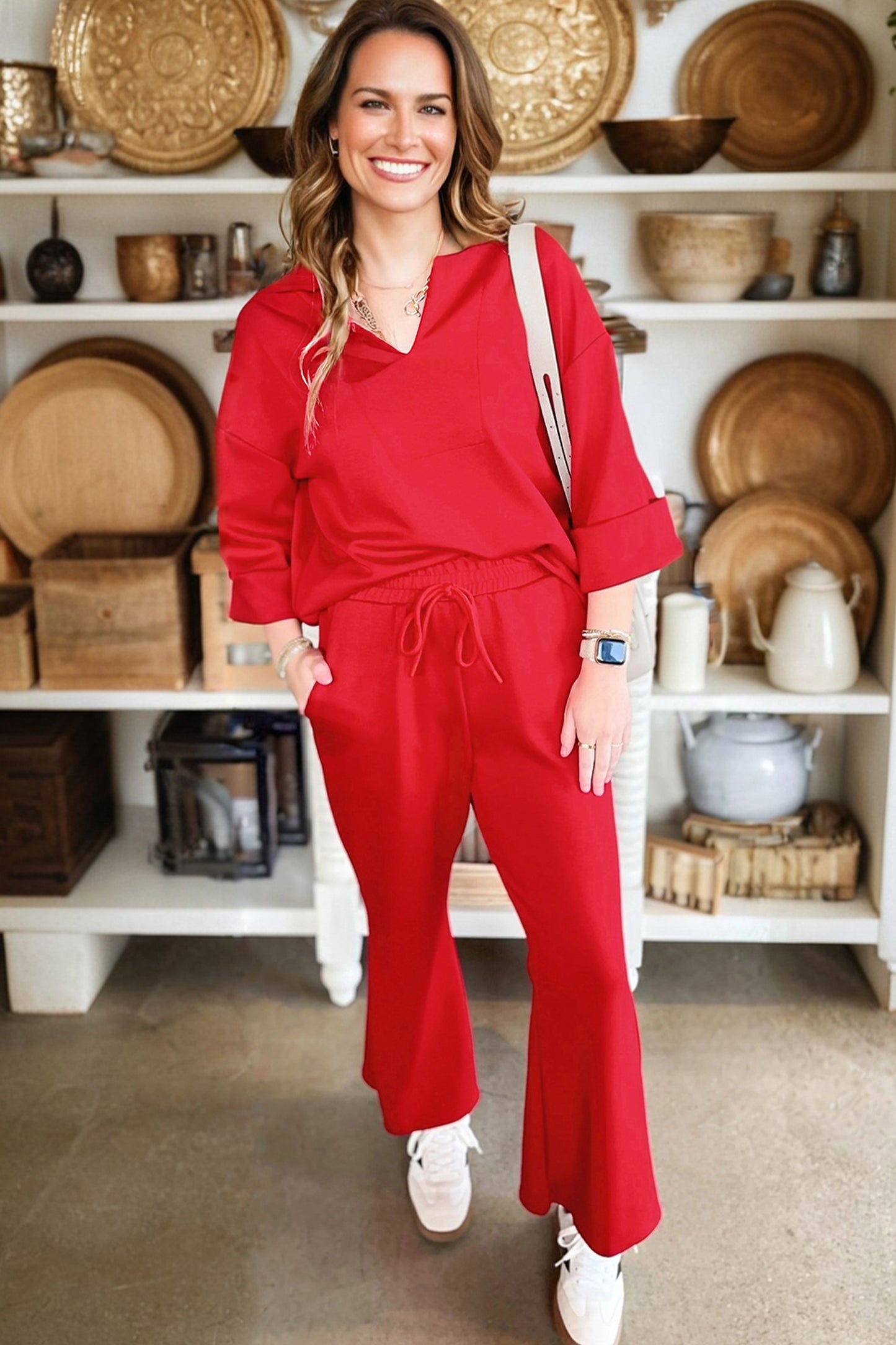 Fiery Red Polo Collar V Neck 3/4 Sleeve Pullover Drawstring Bell Bottom Pants 2pcs Set-Two Piece Sets/Pant Sets-[Adult]-[Female]-2022 Online Blue Zone Planet