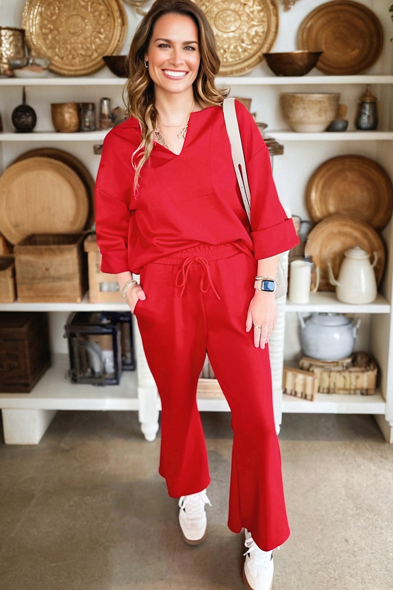Fiery Red Polo Collar V Neck 3/4 Sleeve Pullover Drawstring Bell Bottom Pants 2pcs Set-Two Piece Sets/Pant Sets-[Adult]-[Female]-2022 Online Blue Zone Planet