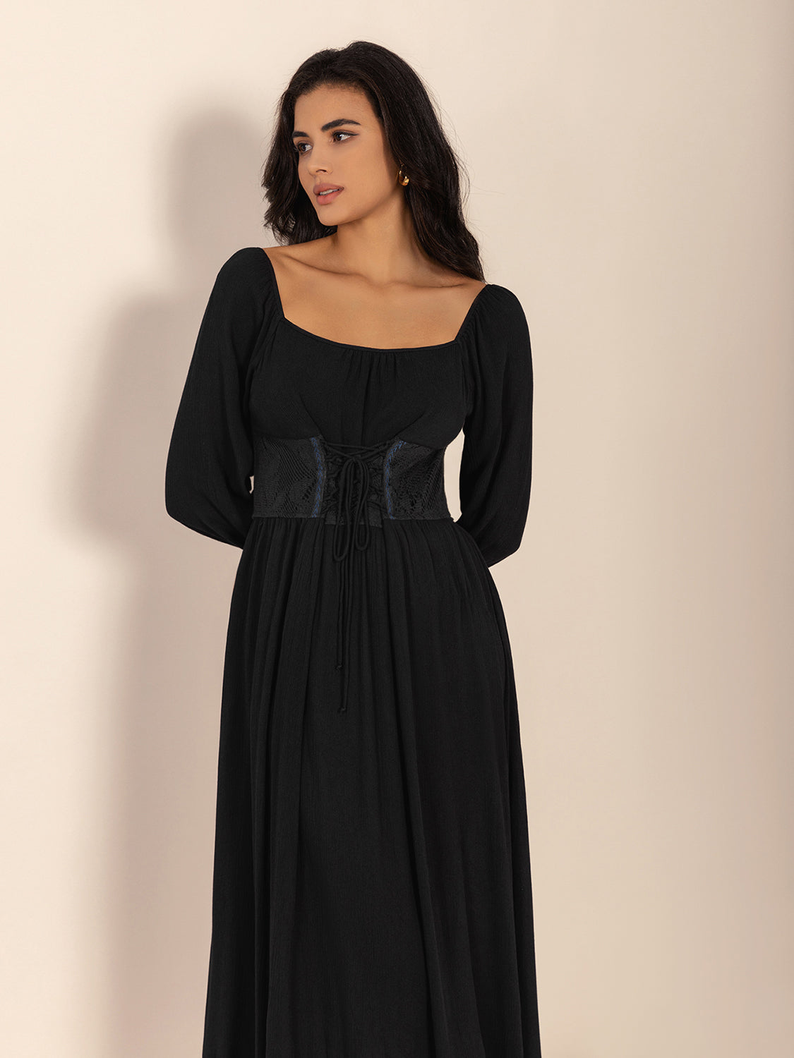 Lace-Up Square Neck Long Sleeve Midi Dress-TOPS / DRESSES-[Adult]-[Female]-2022 Online Blue Zone Planet