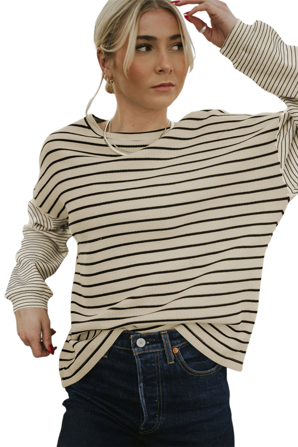 Black Striped Patchwork Loose Long Sleeve Tee-Tops/Long Sleeve Tops-[Adult]-[Female]-2022 Online Blue Zone Planet