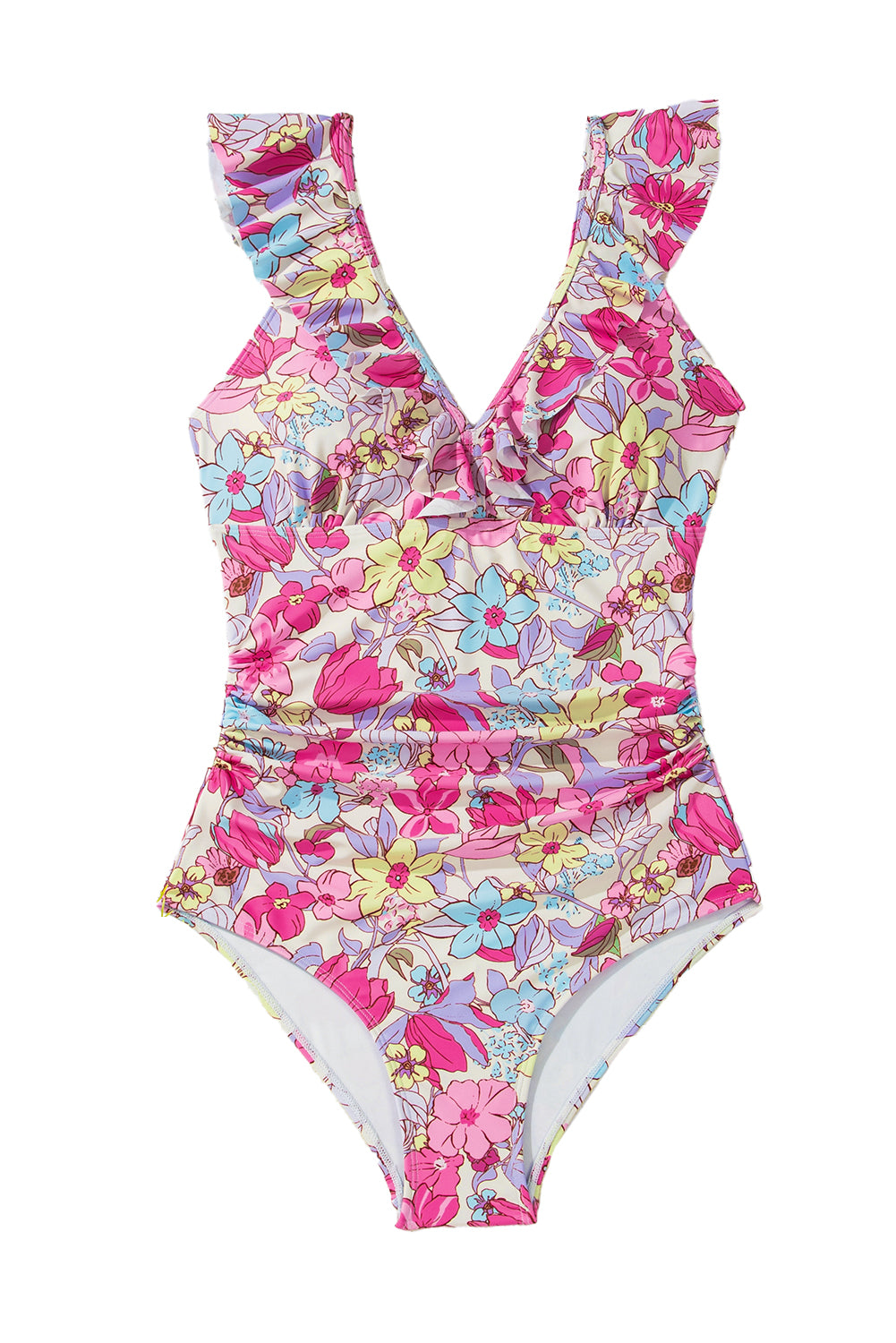 Pink Floral Ruffle Trim V Neck Backless One Piece Swimsuit-One-Piece-[Adult]-[Female]-2022 Online Blue Zone Planet