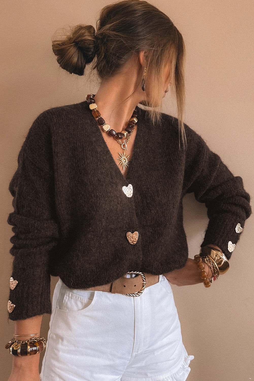 Chicory Coffee Heart Metal Button V Neck Cardigan Sweater-TOPS / DRESSES-[Adult]-[Female]-2022 Online Blue Zone Planet