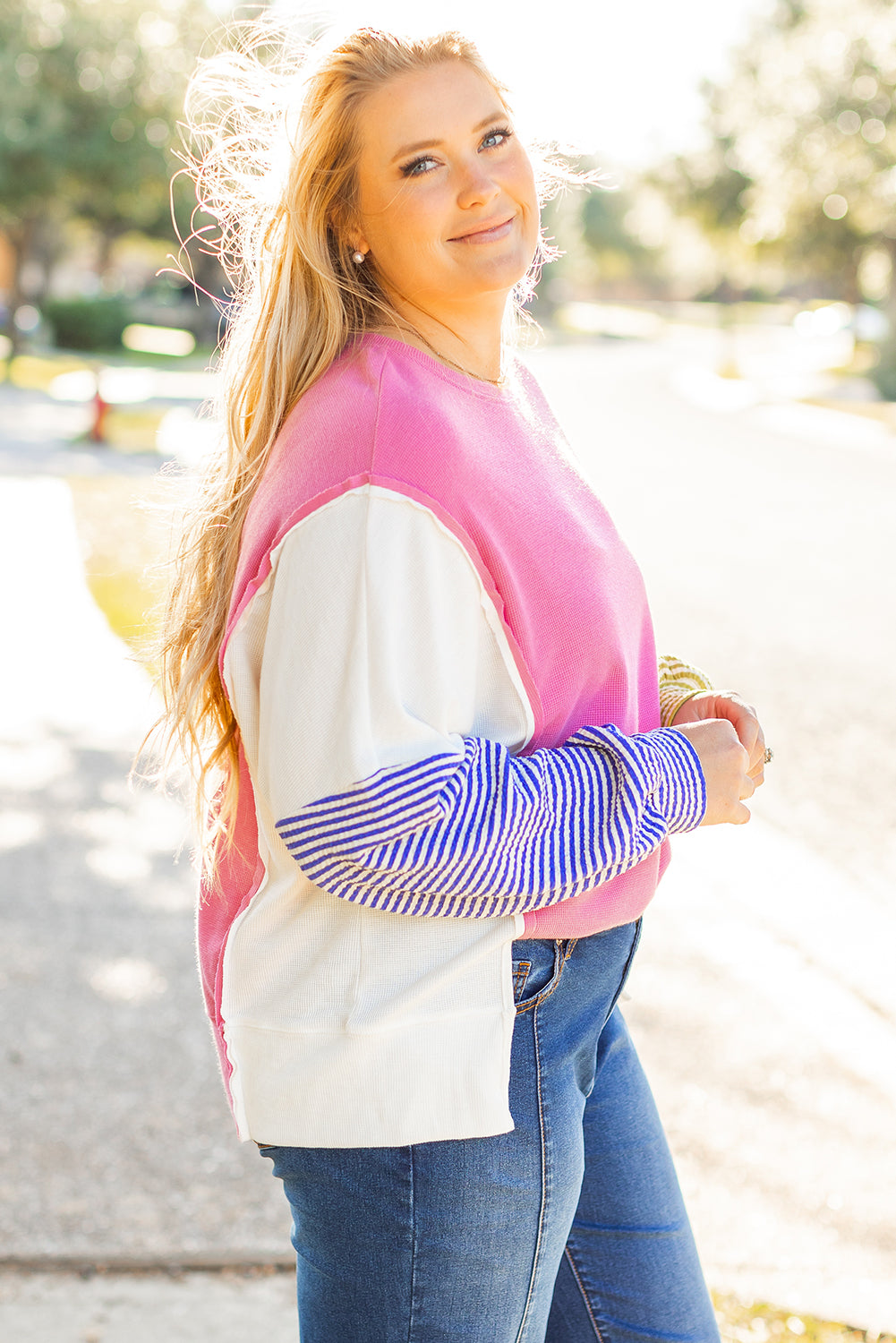 Rose Red Colorblock Patchwork Striped Puff Sleeve Plus Size Top with Slits-Plus Size/Plus Size Tops/Plus Size Long Sleeve Tops-[Adult]-[Female]-2022 Online Blue Zone Planet