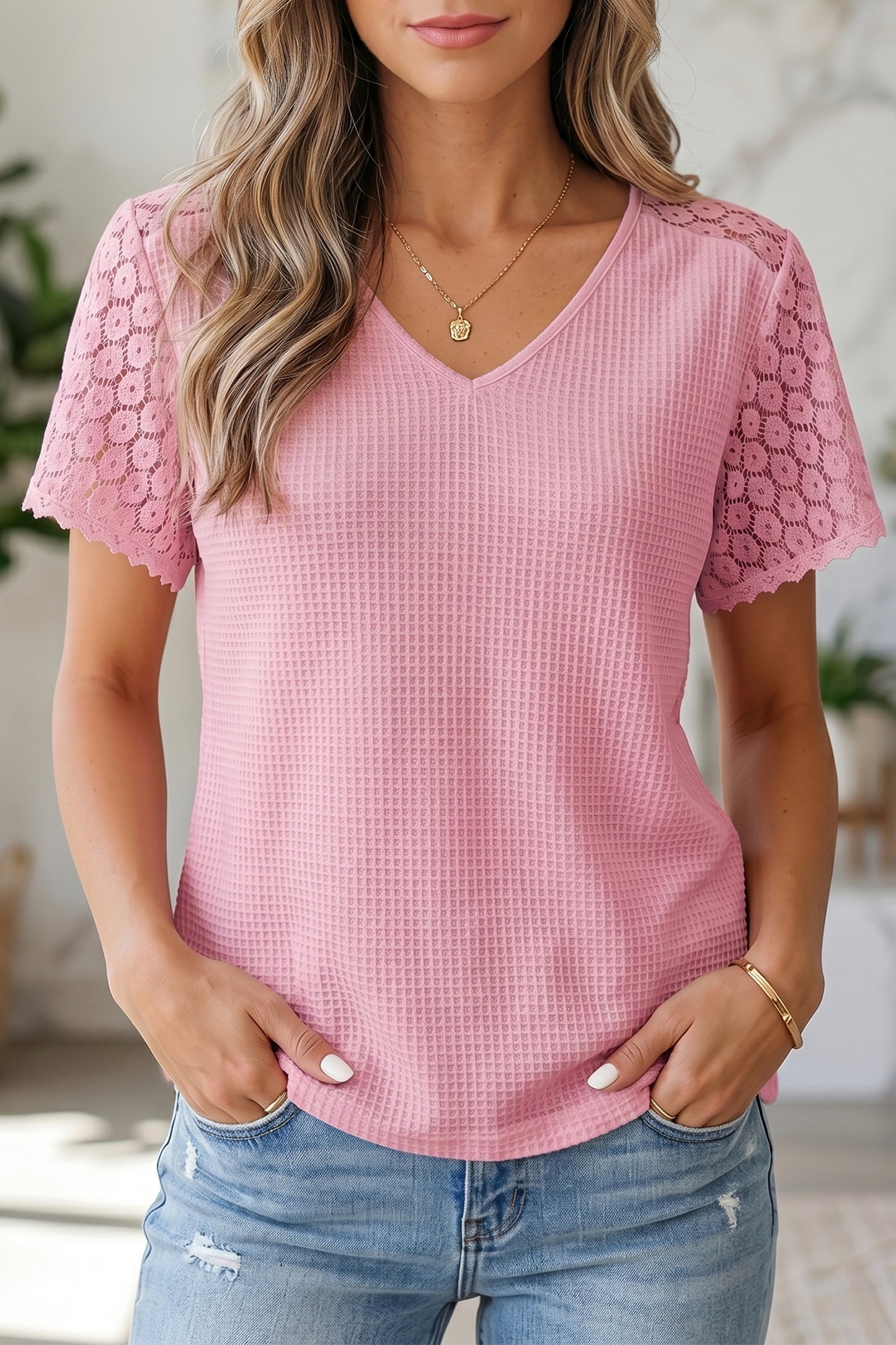 Pink Lace Splicing Button Cutout V Neck Waffle Knit Blouse-Tops/Blouses & Shirts-[Adult]-[Female]-Pink-S-2022 Online Blue Zone Planet