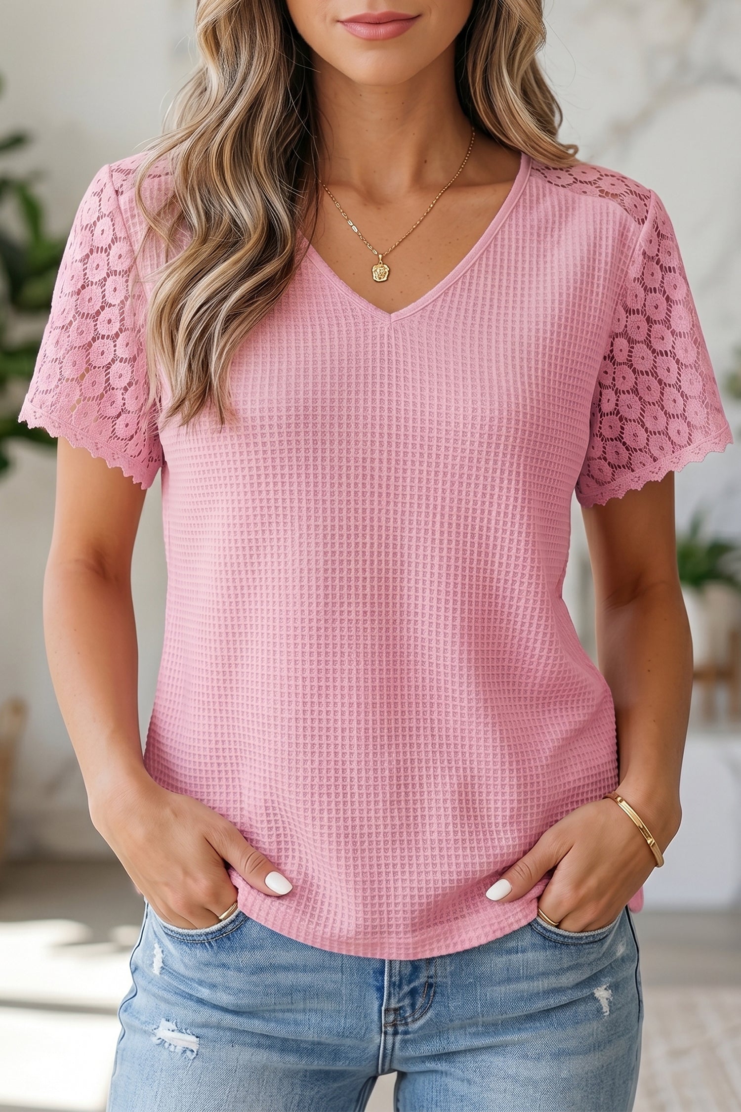 Pink Lace Splicing Button Cutout V Neck Waffle Knit Blouse-Tops/Blouses & Shirts-[Adult]-[Female]-Pink-S-2022 Online Blue Zone Planet