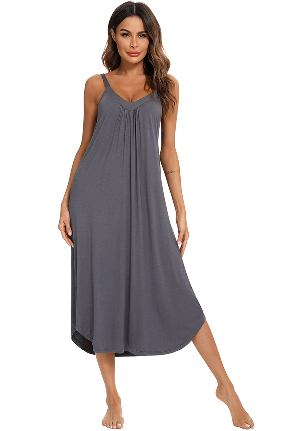 V-Neck Midi Lounge Dress-[Adult]-[Female]-2022 Online Blue Zone Planet