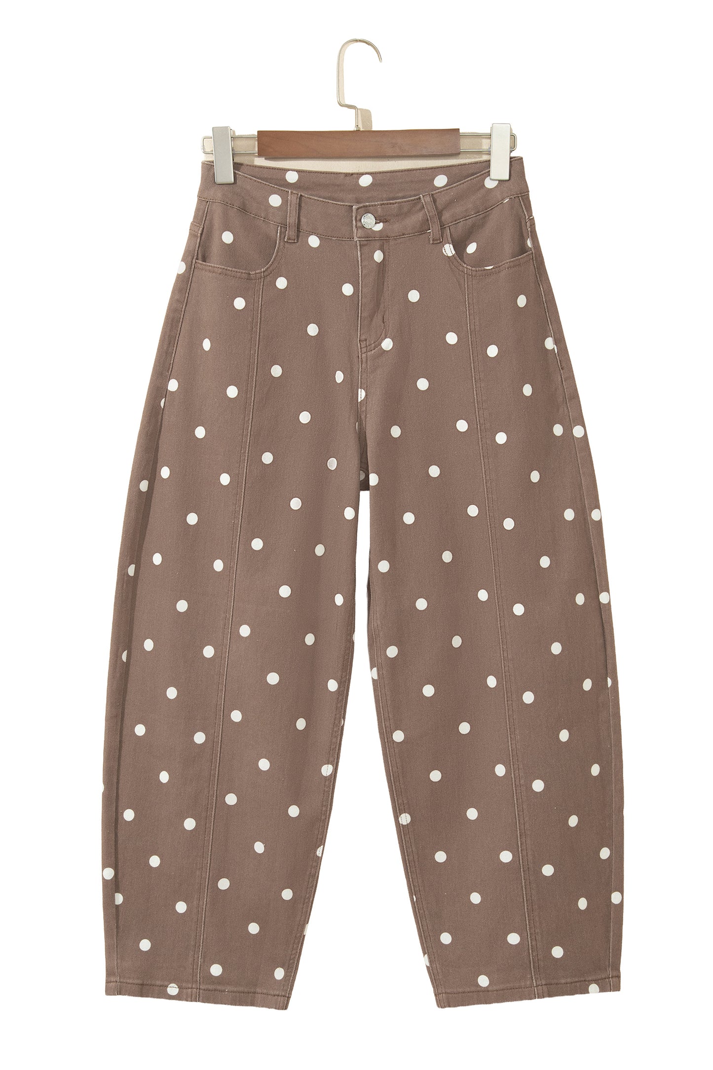 Brown Tailored Seam Polka Dot Print Barrel Casual Jeans-Bottoms/Jeans-[Adult]-[Female]-2022 Online Blue Zone Planet