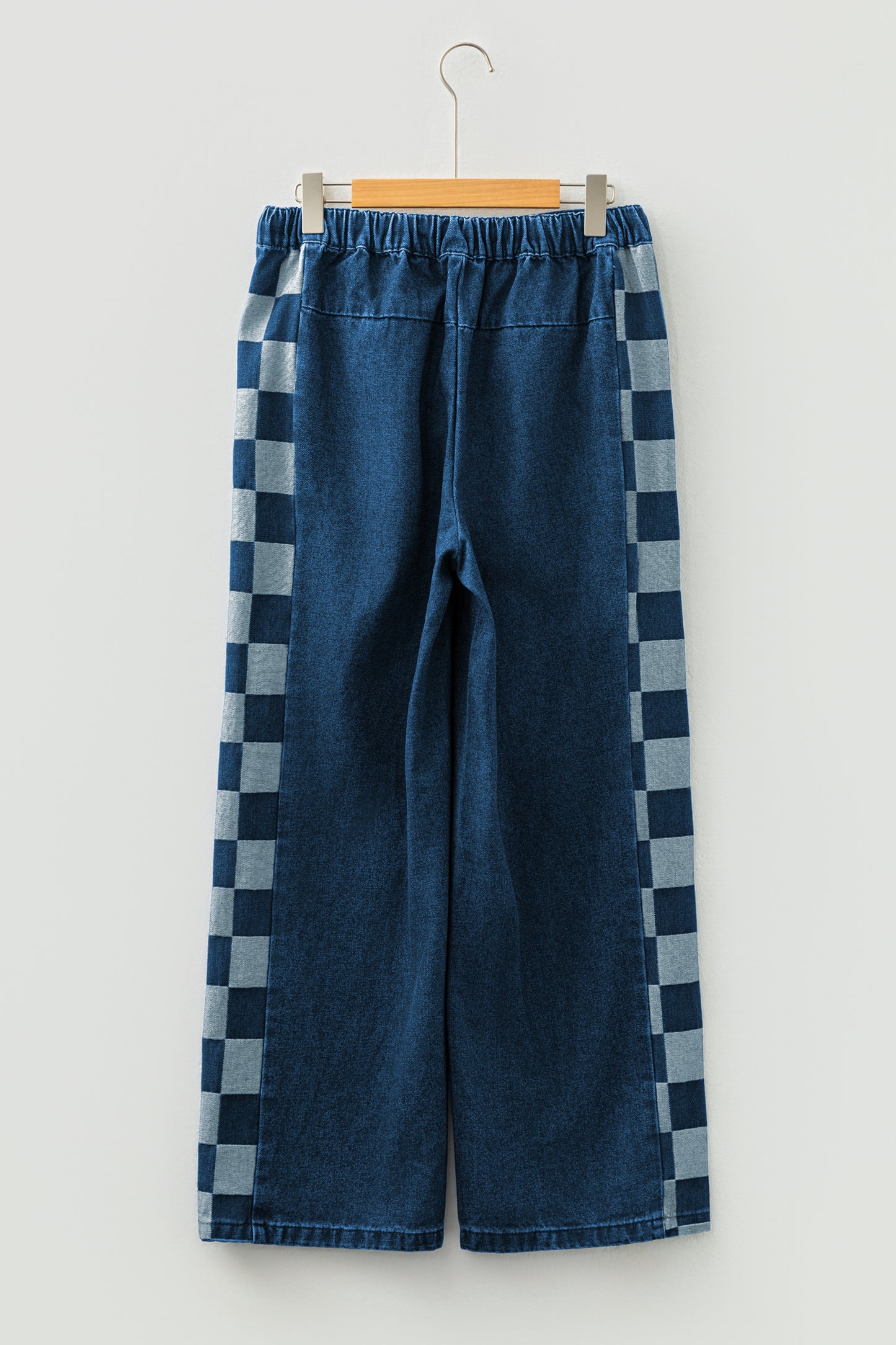 Sail Blue Checkered Side Panel Patchwork Drawstring Loose Denim Pants-Bottoms/Jeans-[Adult]-[Female]-2022 Online Blue Zone Planet