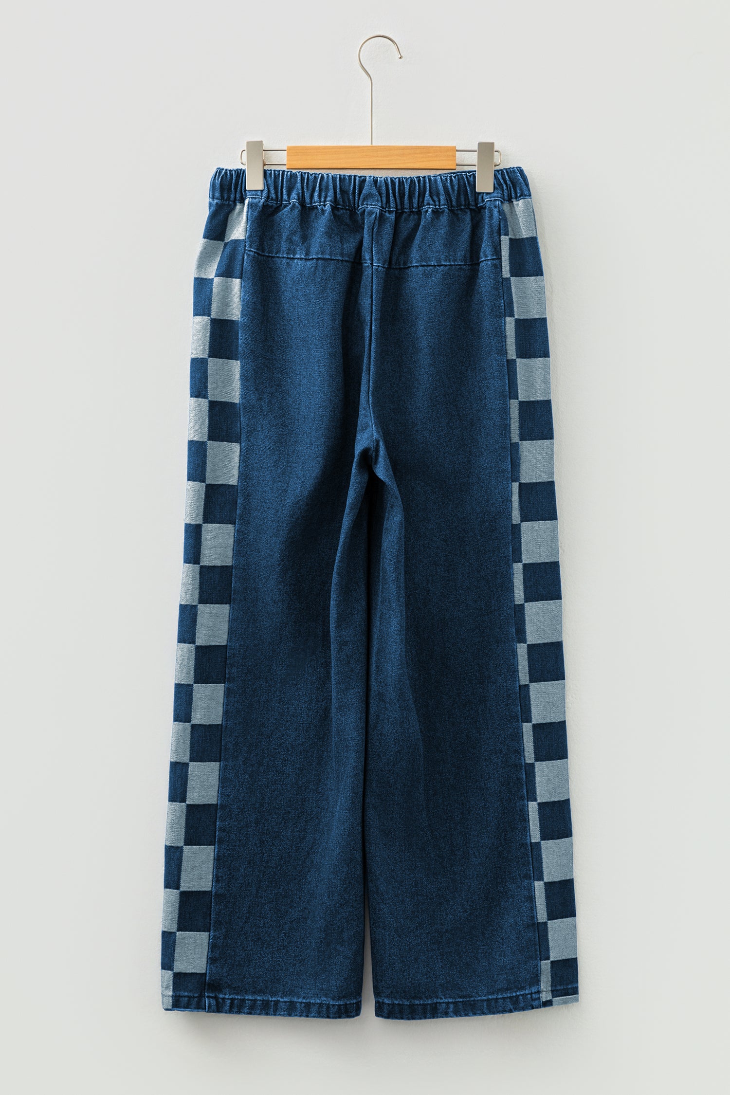 Sail Blue Checkered Side Panel Patchwork Drawstring Loose Denim Pants-Bottoms/Jeans-[Adult]-[Female]-2022 Online Blue Zone Planet