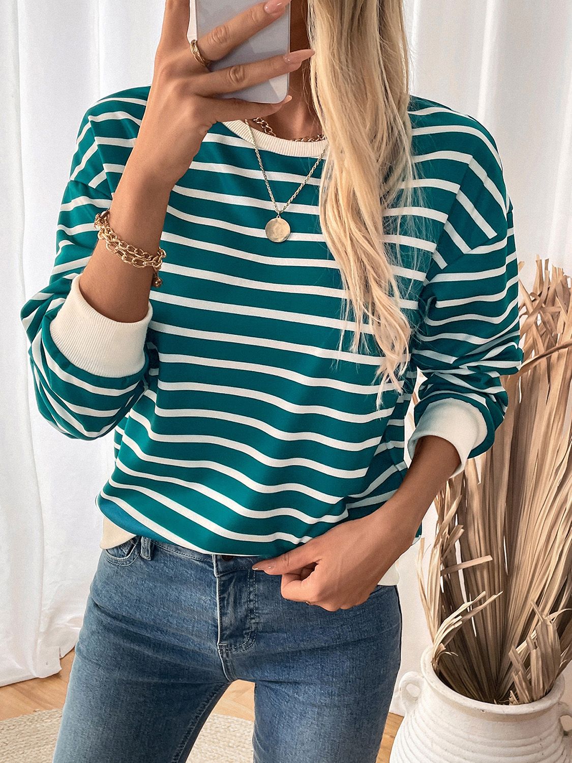 Perfee Striped Contrast Round Neck Long Sleeve Sweatshirt-TOPS / DRESSES-[Adult]-[Female]-2022 Online Blue Zone Planet