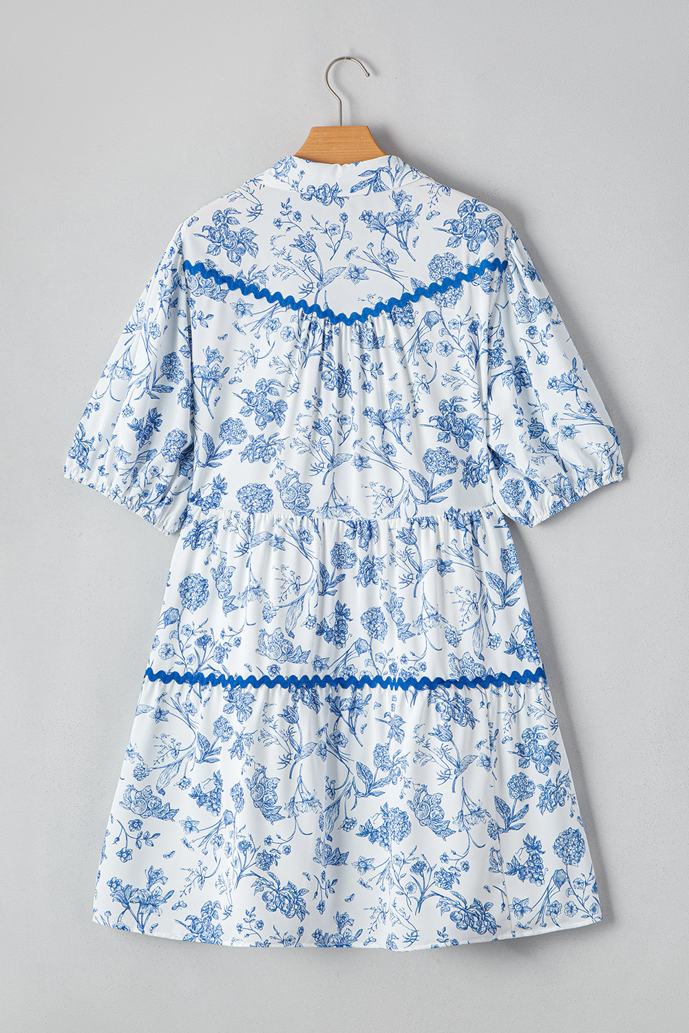 Sky Blue Floral Print Collared V Neck Ric-rac Trim Plus Size Mini Dress-TOPS / DRESSES-[Adult]-[Female]-2022 Online Blue Zone Planet