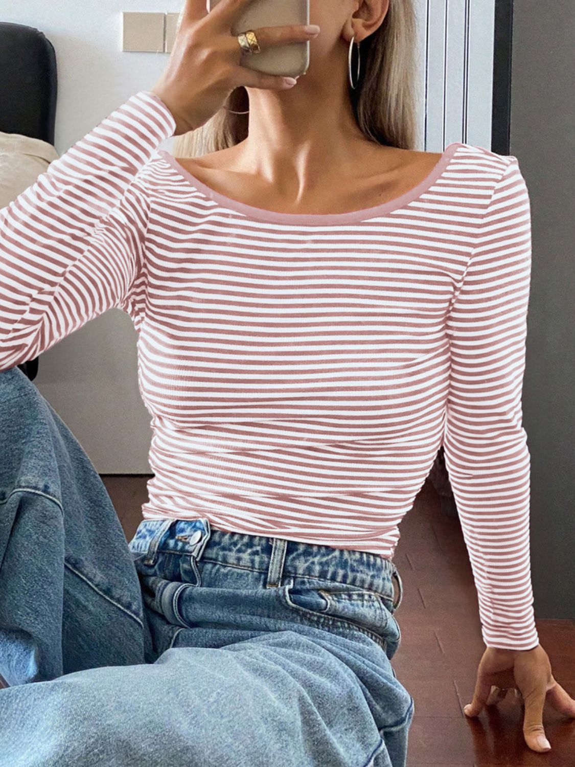 Devine Backless Striped Boat Neck Long Sleeve T-Shirt-TOPS / DRESSES-[Adult]-[Female]-2022 Online Blue Zone Planet