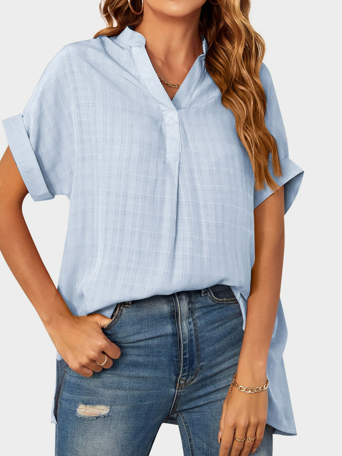 Mandy Side Slit Notched Short Sleeve Blouse-TOPS / DRESSES-[Adult]-[Female]-2022 Online Blue Zone Planet