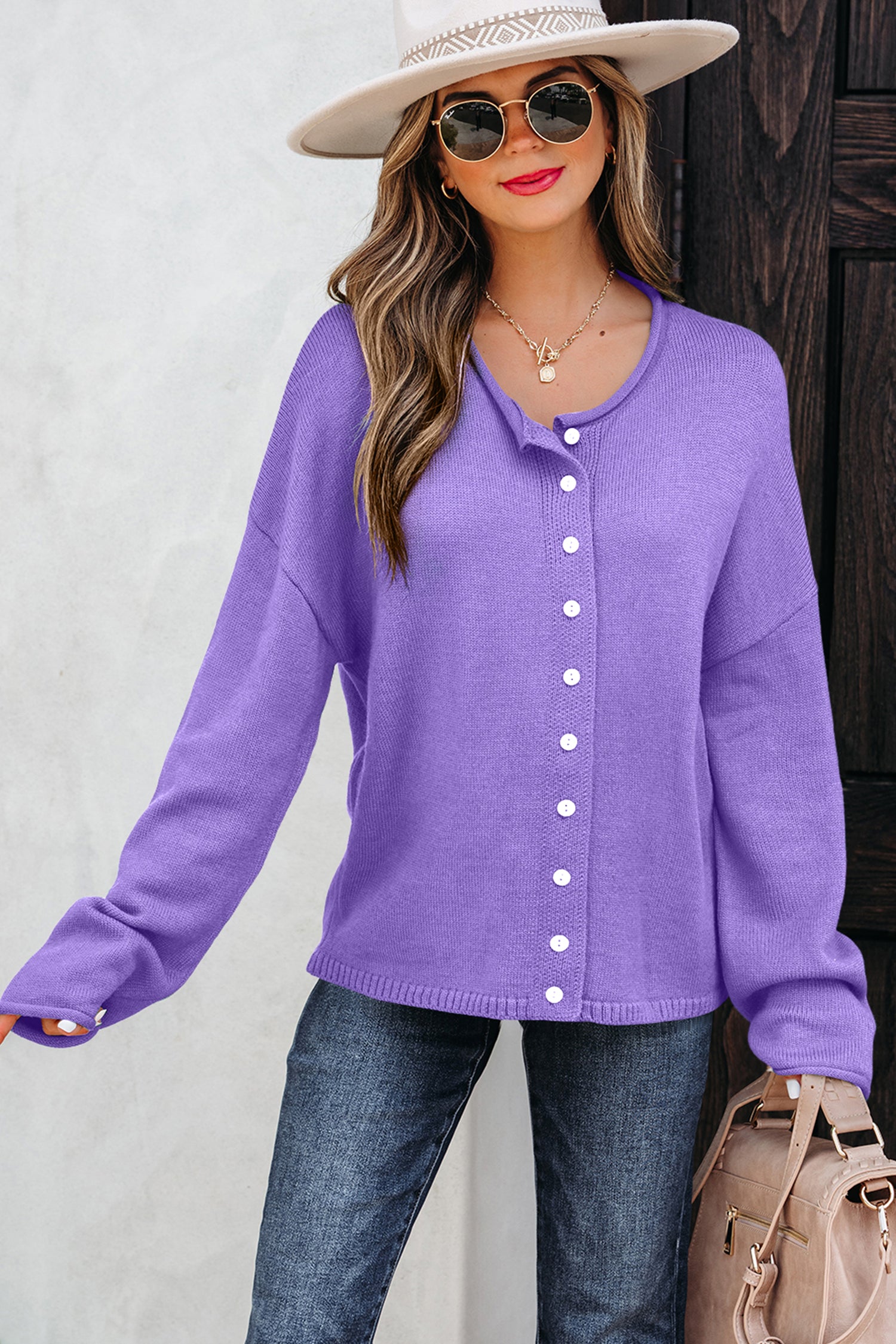 Wisteria Solid Color Knit Button Drop Shoulder Sweater Cardigan-Sweaters & Cardigans/Cardigans-[Adult]-[Female]-2022 Online Blue Zone Planet