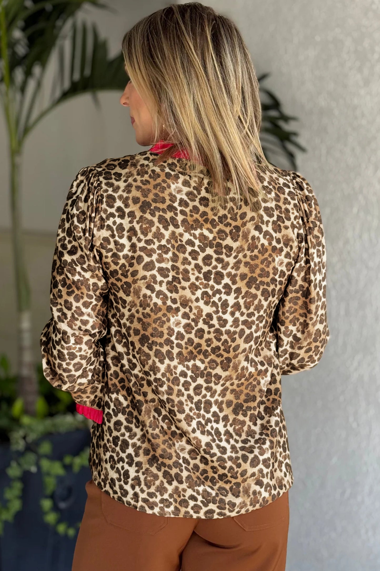Brown Fierce Leopard Allure Contrast Ruffle Trim V Neck Shirt-Tops/Blouses & Shirts-[Adult]-[Female]-2022 Online Blue Zone Planet